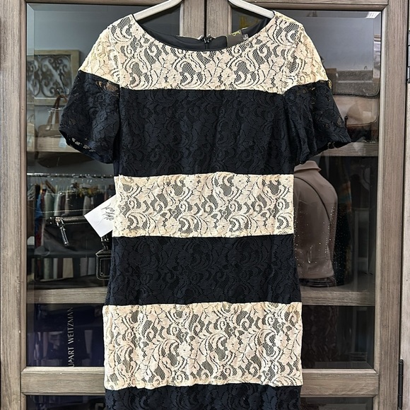 TAYLOR black and ivory lace, short sleeve fitted dress size 6 - Picture 3 of 8